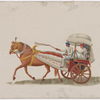 Horse drawn two-wheeled white carriage with driver and male passenger