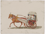 Horse drawn two-wheeled white carriage with driver and male passenger