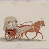 Horse drawn two-wheeled white carriage with driver and male passenger