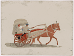 Horse drawn two-wheeled white carriage with driver and male passenger