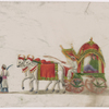 2 white oxen in red coverings drawing green carriage with driver, female passenger in green dress, and 1 attendant