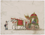 2 white oxen in red coverings drawing green carriage with driver, female passenger in green dress, and 1 attendant