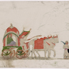 2 white oxen in red coverings drawing green carriage with driver, female passenger in green dress, and 1 attendant