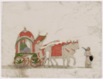 2 white oxen in red coverings drawing green carriage with driver, female passenger in green dress, and 1 attendant