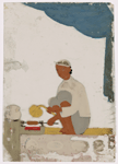 Seated male food vendor roasting meat on spit,  fanning flames