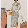 Male servant/cook holding pot in front of  stove