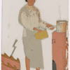 Male servant/cook holding pot in front of  stove