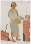 Male servant/cook holding pot in front of  stove