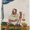 Seated female fruit vendor in white sari holding a balance