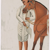 Servant/groom in white clothes and blue hat, holding the reins of brown horse