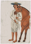 Servant/groom in white clothes and blue hat, holding the reins of brown horse