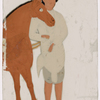 Servant/groom in white clothes and blue hat, holding the reins of brown horse