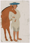 Servant/groom in white clothes and blue hat, holding the reins of brown horse