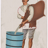 Servant/toddy gatherer, puring white liquid into blue barrel