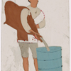 Servant/toddy gatherer, puring white liquid into blue barrel