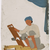 Seated male carpenter sawing a board, with tools on the ground