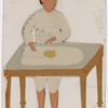 Male servant ironing on table