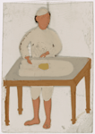 Male servant ironing on table