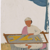 Seated male emroiderer sitting on striped rug
