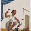 Seated blacksmith with tonsured hair, using tools in front of furnace