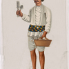 Servant carrying basket and cutlery