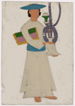 Male servant with purple hookah and rug under arm