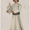Male servant in blue hat, carrying white hourglass dish/service  vessel
