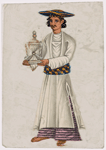 Male servant in blue hat, carrying white hourglass dish/service  vessel