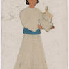 Male servant in blue hat, carrying white hourglass dish/service  vessel