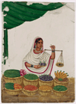 Seated female fruit vendor holding a balance