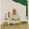 Seated female fruit vendor holding a balance