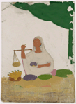 Seated female fruit vendor holding a balance
