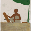Seated male carpenter sawing a wood board, with tools on the ground