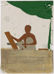 Seated male carpenter sawing a wood board, with tools on the ground