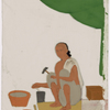 Seated male silversmith/jewelrymaker with small jewellry on red rug, holding tools