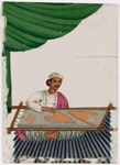 Seated male emroiderer on blue striped rug