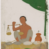 Seated male spice/salt vendor holding a balance