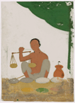 Seated male spice/salt vendor holding a balance