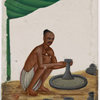 Seated male potter with tonsured hair, in front of pottery wheel and 6 jugs