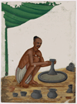 Seated male potter with tonsured hair, in front of pottery wheel and 6 jugs