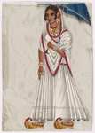 Woman in white sari holding blue umbrella, wearing jewelry and yellow pointed shoes