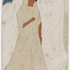 Woman in white sari holding blue umbrella, wearing jewelry and yellow pointed shoes