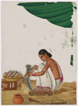 Seated female fishmonger in white sari