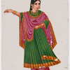 Dancing girl in green skirt and pink scarf, right arm raised