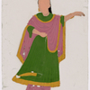 Dancing girl in green skirt and pink scarf, right arm raised