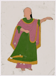 Dancing girl in green skirt and pink scarf, right arm raised