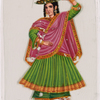 Dancing girl in green skirt, blue hat and pink scarf, left arm raised