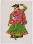 Dancing girl in green skirt, blue hat and pink scarf, left arm raised