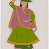 Dancing girl in green skirt, blue hat and pink scarf, left arm raised
