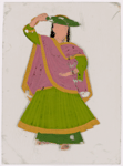 Dancing girl in green skirt, blue hat and pink scarf, left arm raised